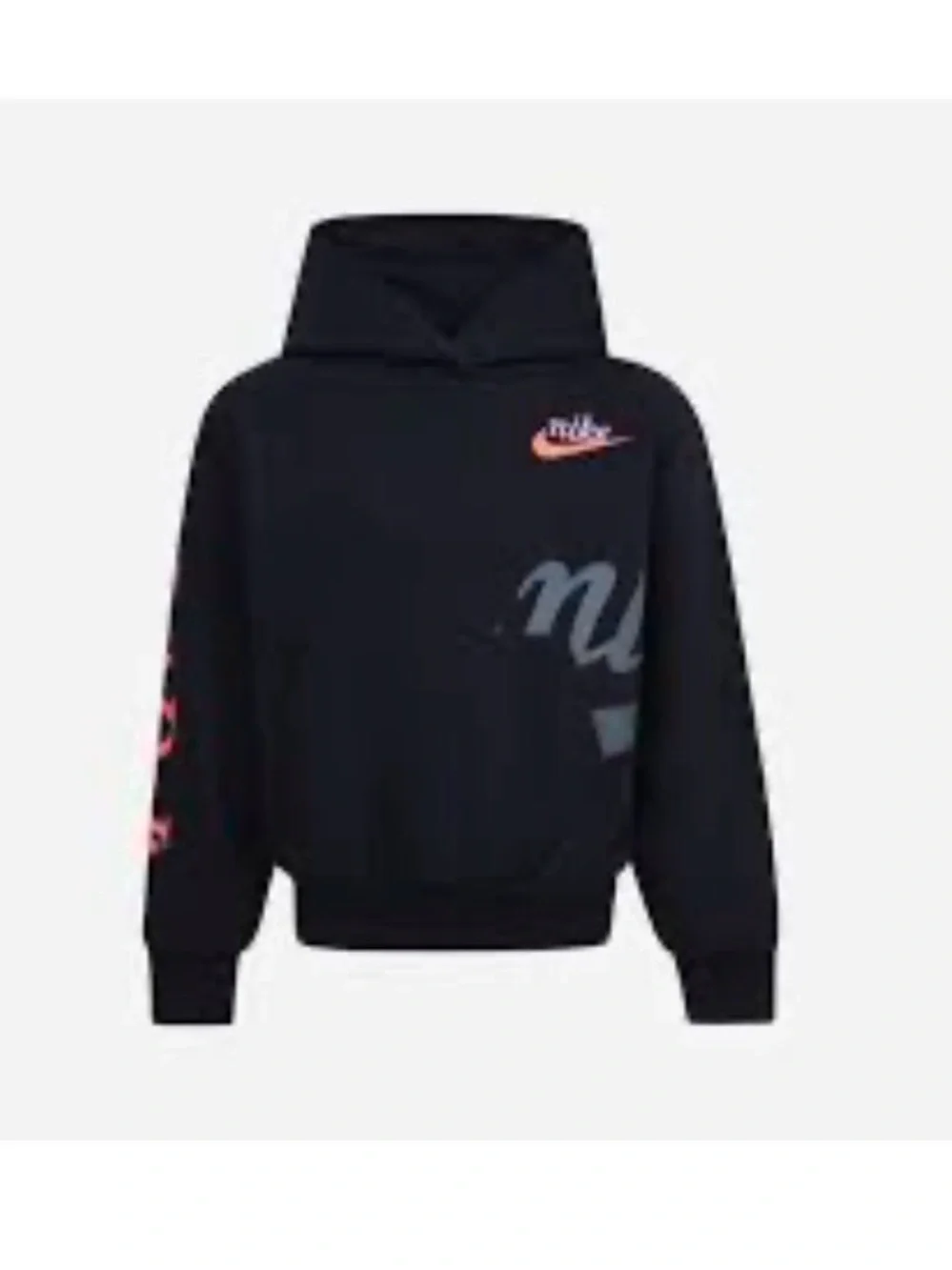 Nike Girls Black Graphic Pullover Hoodie with Coral Logo - Size 6